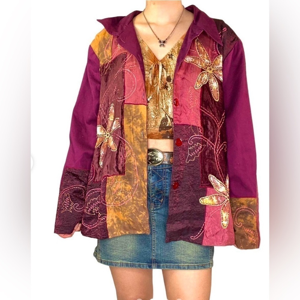 Vintage L Surya Art To Wear Eclectic Patchwork Eclectic Boho Oversized Jacket Xs